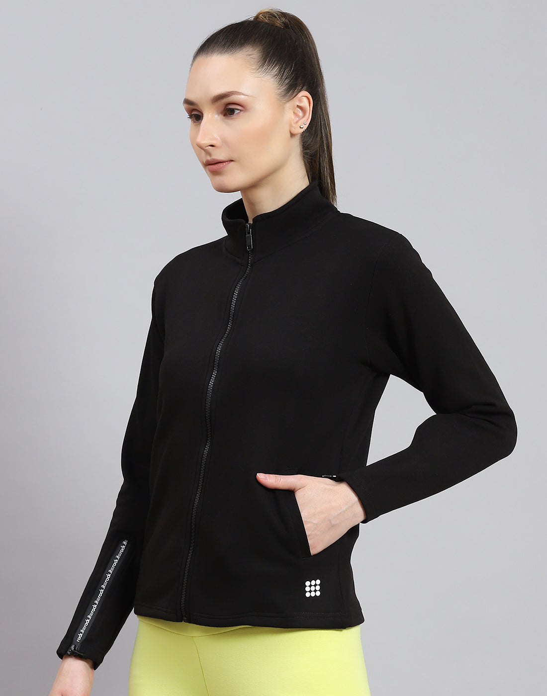 Rock.it Women Black Solid Stand Collar Full Sleeve Sweatshirt