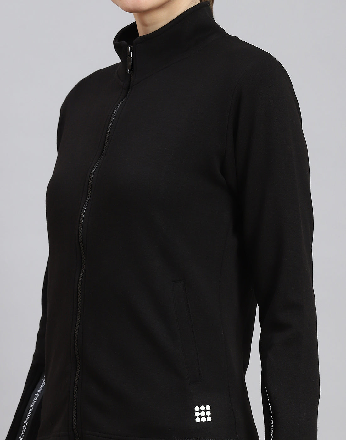 Women Black Solid Stand Collar Full Sleeve Sweatshirt