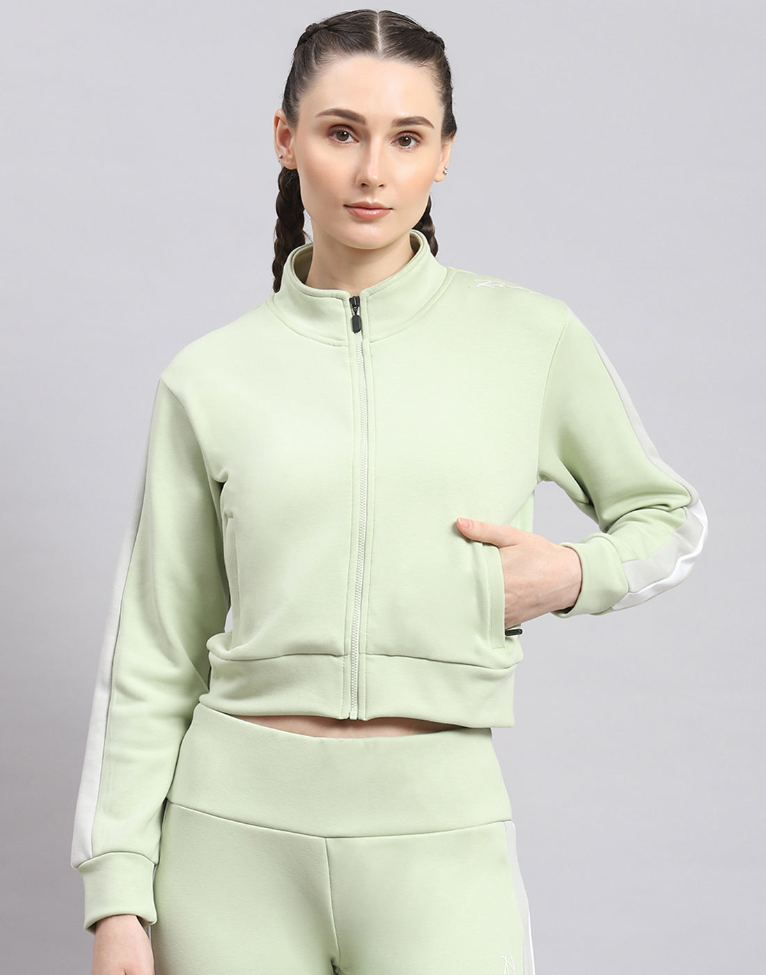 Rock.it Women Green Solid Stand Collar Full Sleeve Sweatshirt
