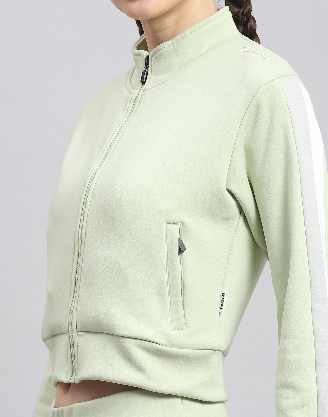 Women Green Solid Stand Collar Full Sleeve Sweatshirt