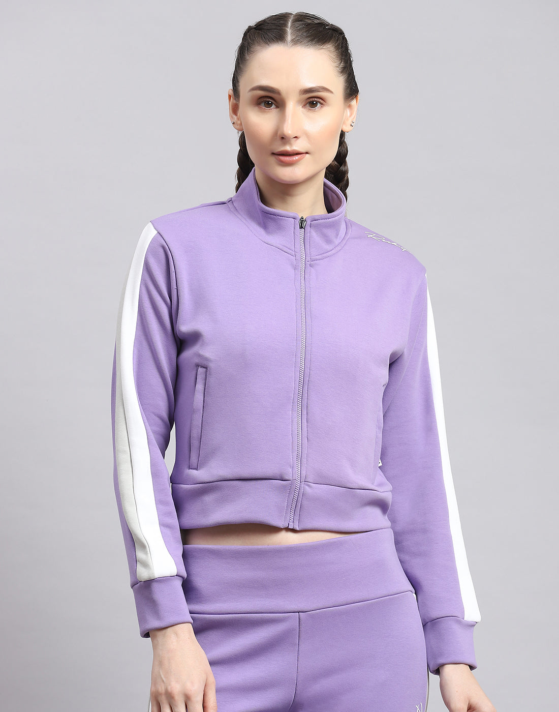 Rock.it Women Purple Solid Stand Collar Full Sleeve Sweatshirt
