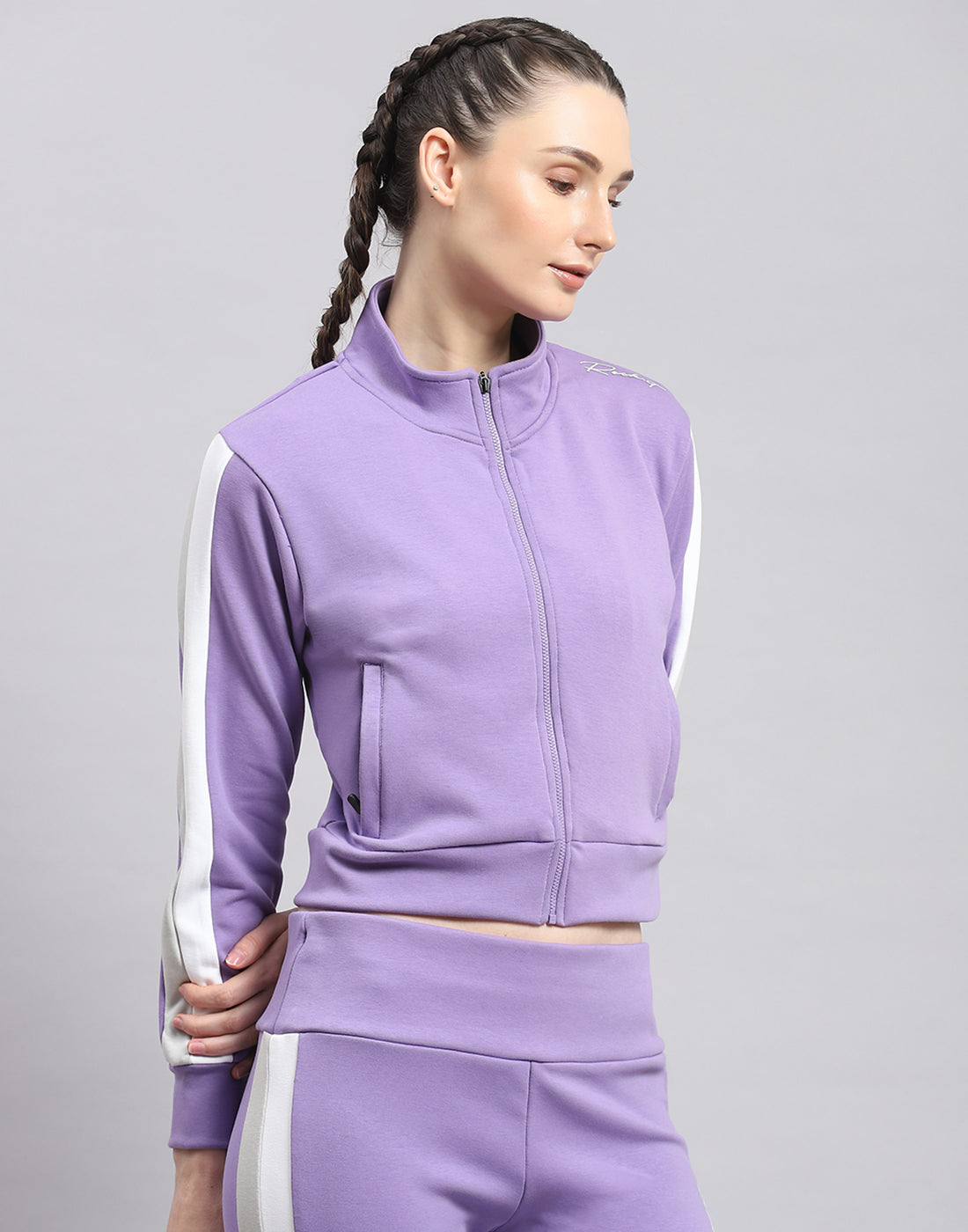 Rock.it Women Purple Solid Stand Collar Full Sleeve Sweatshirt