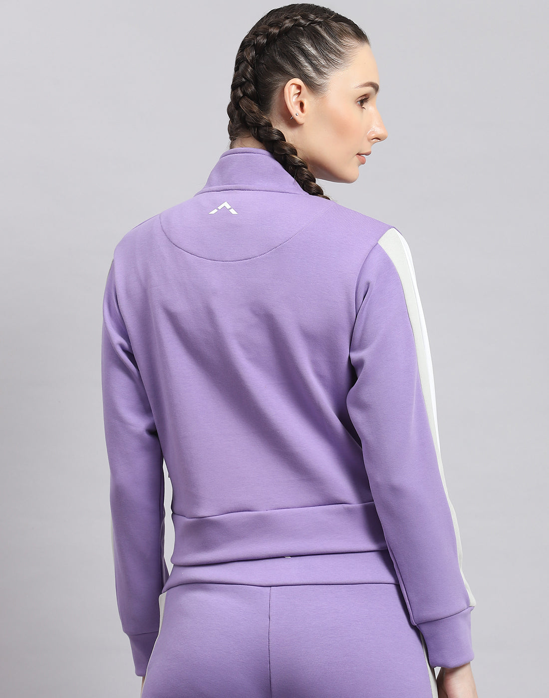 Women Purple Solid Stand Collar Full Sleeve Sweatshirt
