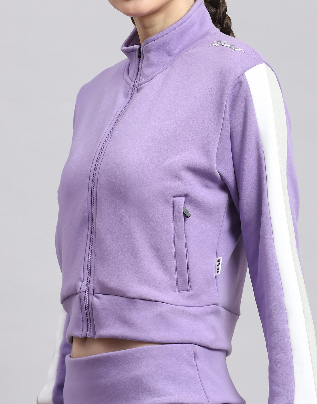 Women Purple Solid Stand Collar Full Sleeve Sweatshirt