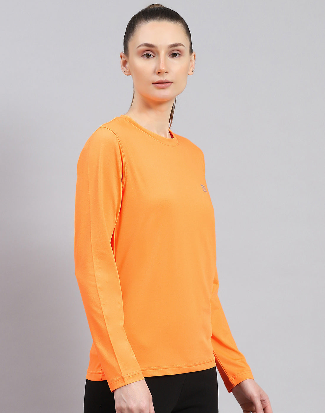 Women Orange Solid Round Neck Full Sleeve Top