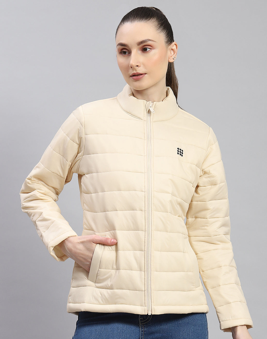 Rock.it Women Cream Solid Stand Collar Full Sleeve Jacket