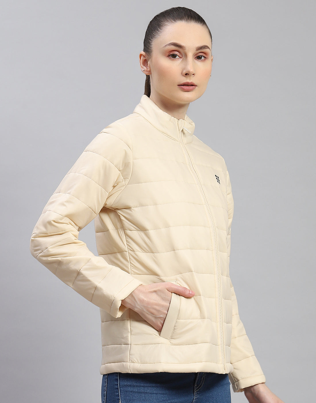 Rock.it Women Cream Solid Stand Collar Full Sleeve Jacket