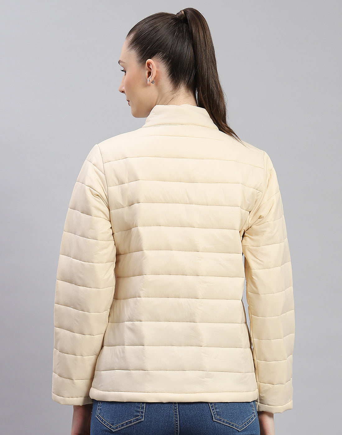 Rock.it Women Cream Solid Stand Collar Full Sleeve Jacket