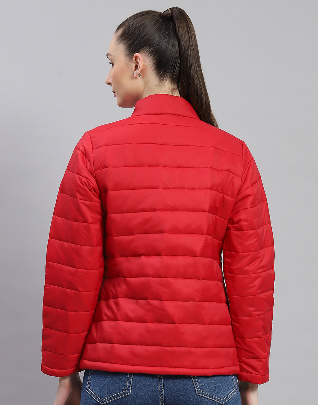 Women Red Solid Stand Collar Full Sleeve Jacket