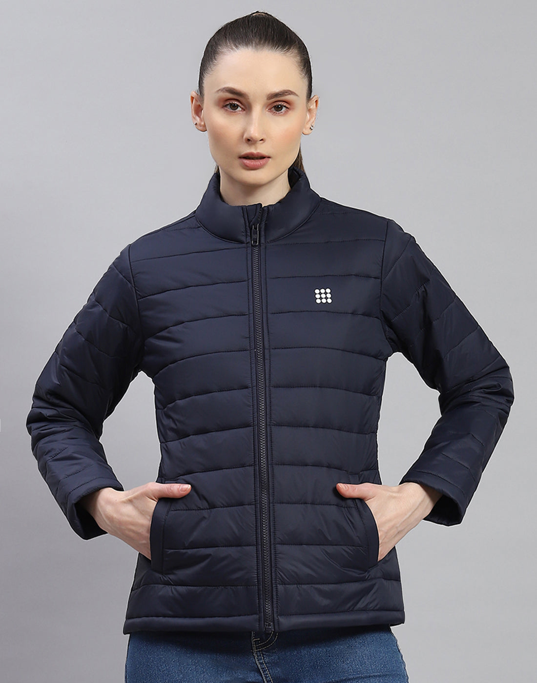 Rock.it Women Navy Blue Solid Stand Collar Full Sleeve Jacket