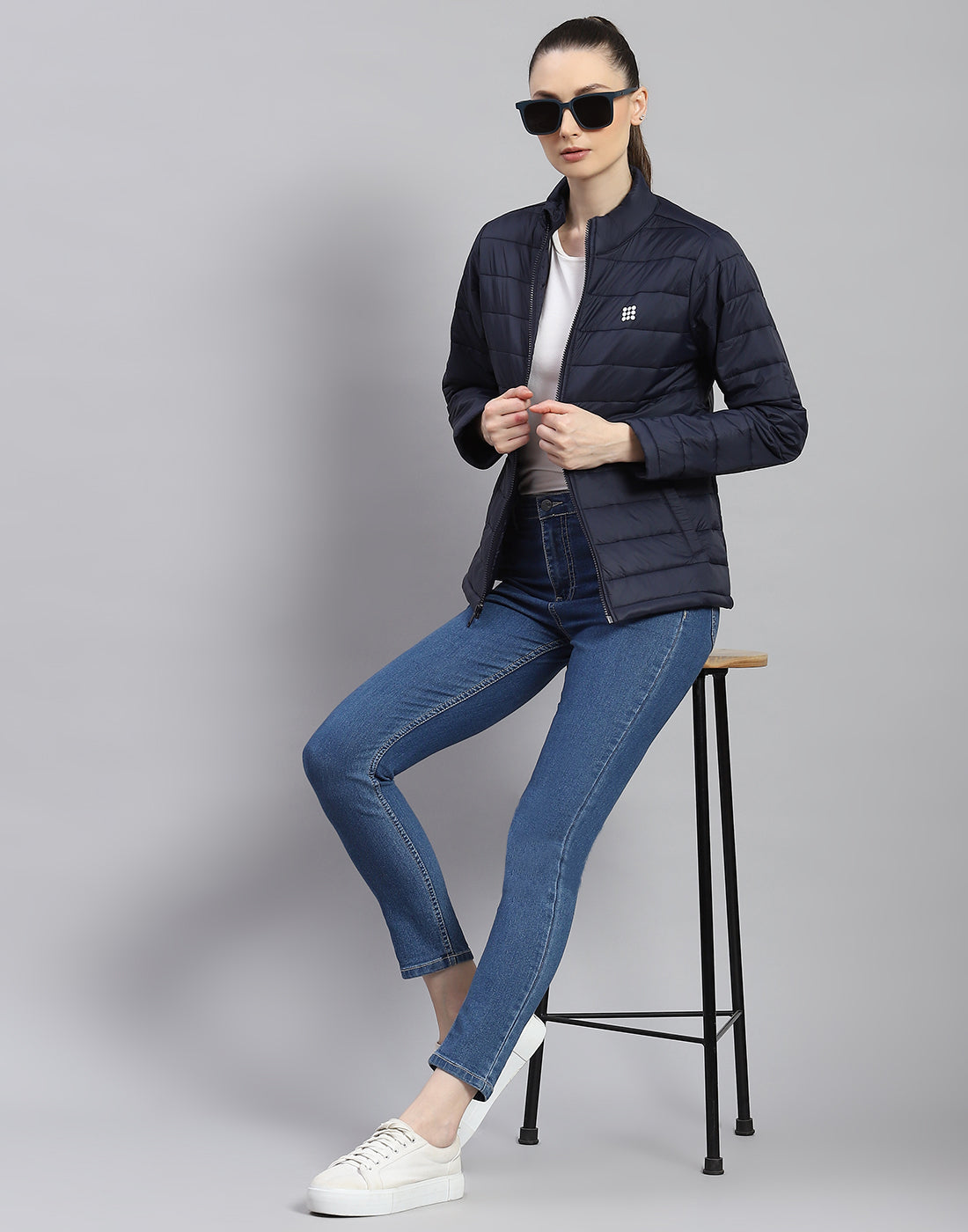 Rock.it Women Navy Blue Solid Stand Collar Full Sleeve Jacket