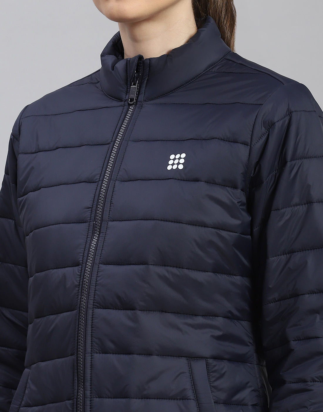 Rock.it Women Navy Blue Solid Stand Collar Full Sleeve Jacket