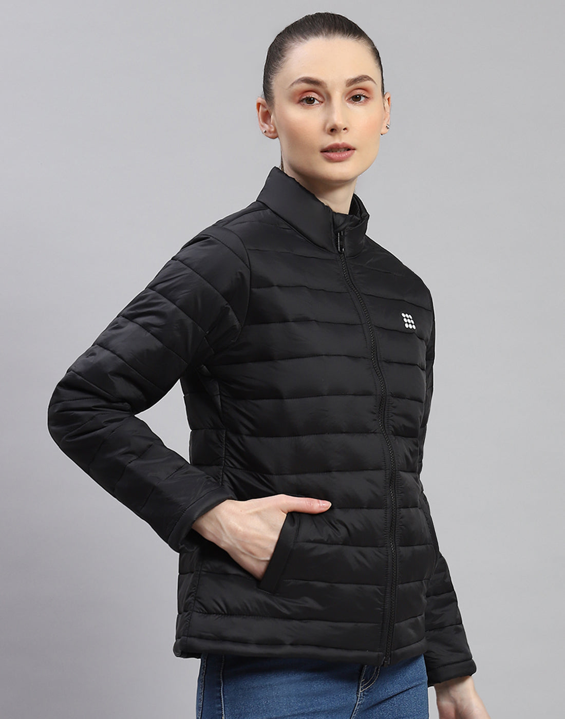 Women Black Solid Stand Collar Full Sleeve Jacket