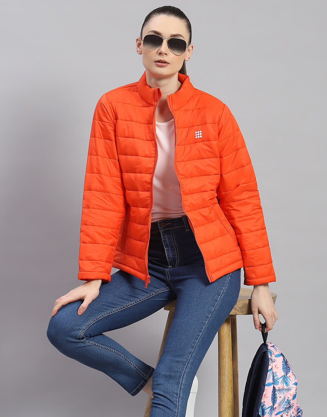 Women Orange Solid Stand Collar Full Sleeve Jacket - Main Image