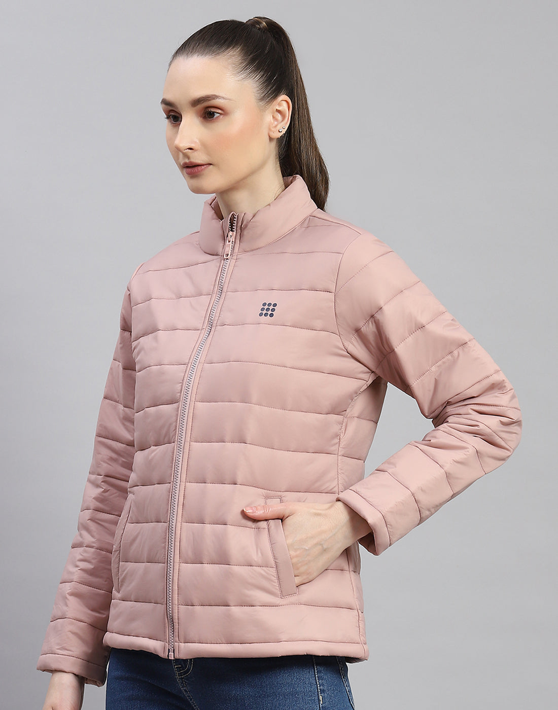 Women Peach Solid Stand Collar Full Sleeve Jacket