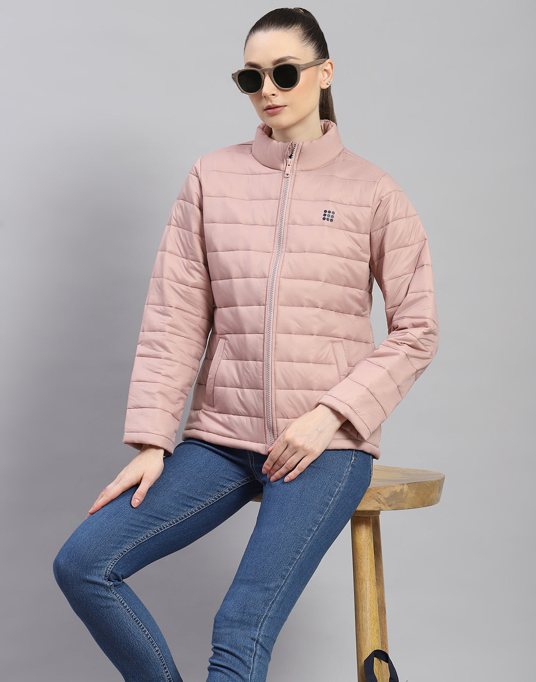 Women Peach Solid Stand Collar Full Sleeve Jacket