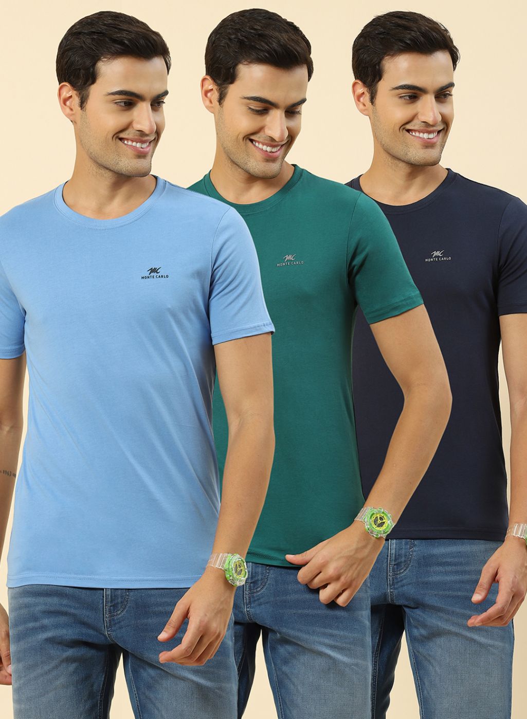 Men Sky Blue, Green & Navy Blue Pack of 3 Plain T-Shirt