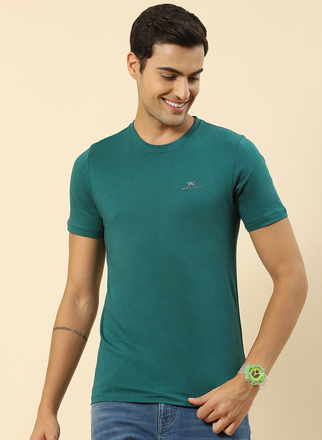 Men Sky Blue, Green & Navy Blue Pack of 3 Plain T-Shirt