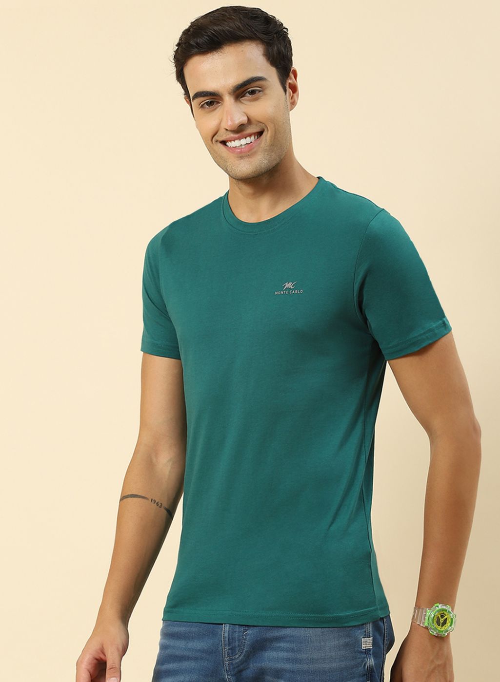 Men Sky Blue, Green & Navy Blue Pack of 3 Plain T-Shirt