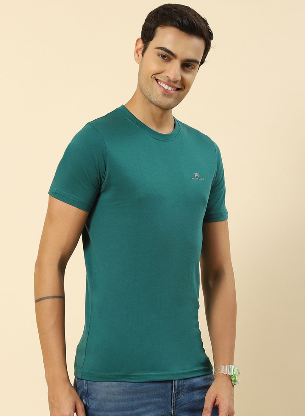 Men Sky Blue, Green & Navy Blue Pack of 3 Plain T-Shirt