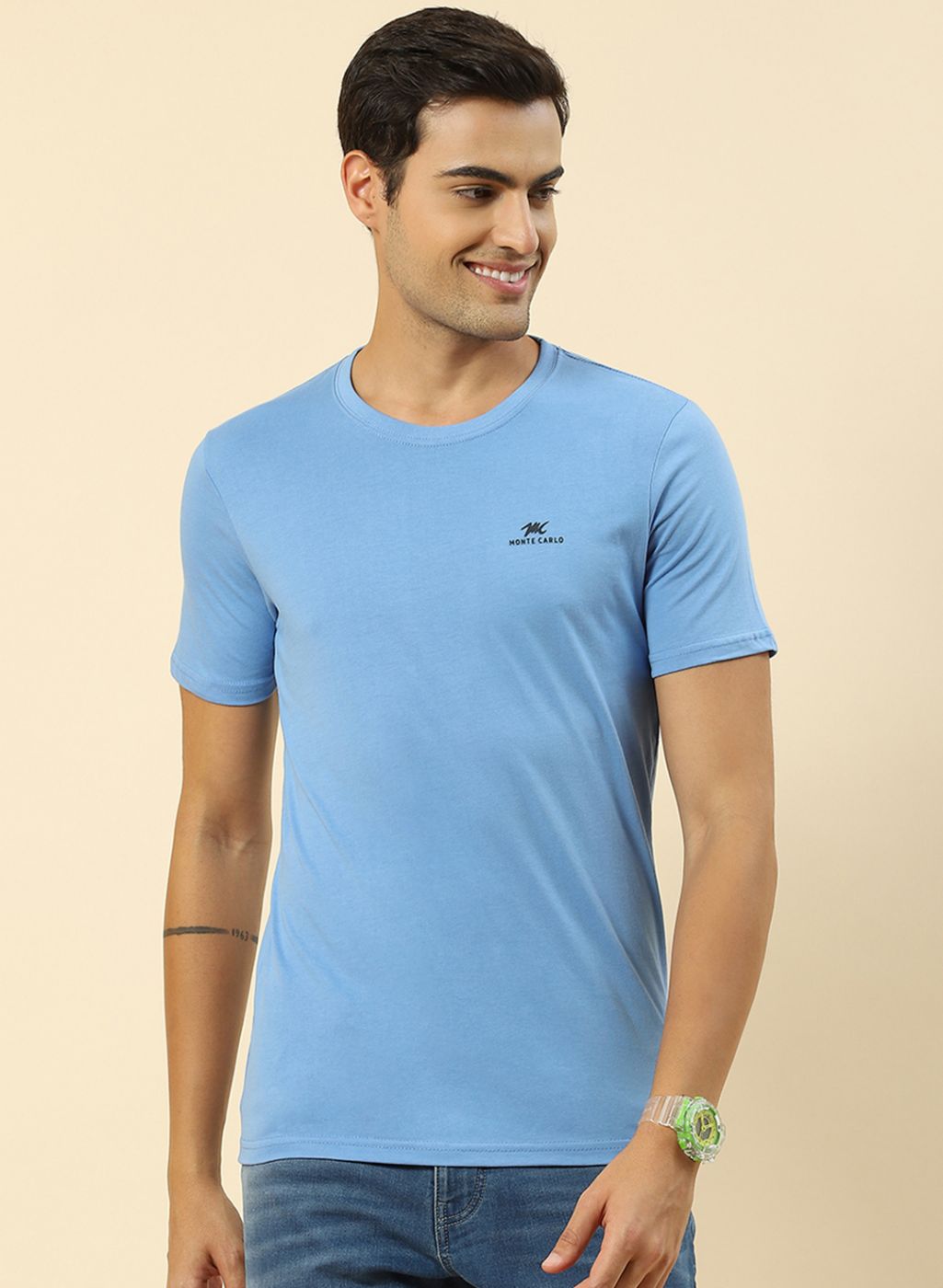 Men Sky Blue, Green & Navy Blue Pack of 3 Plain T-Shirt