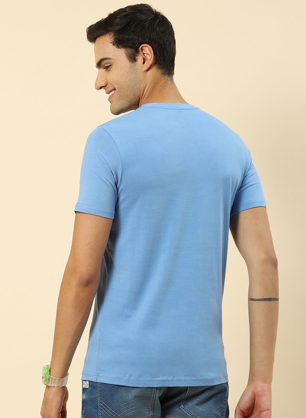Men Sky Blue, Green & Navy Blue Pack of 3 Plain T-Shirt
