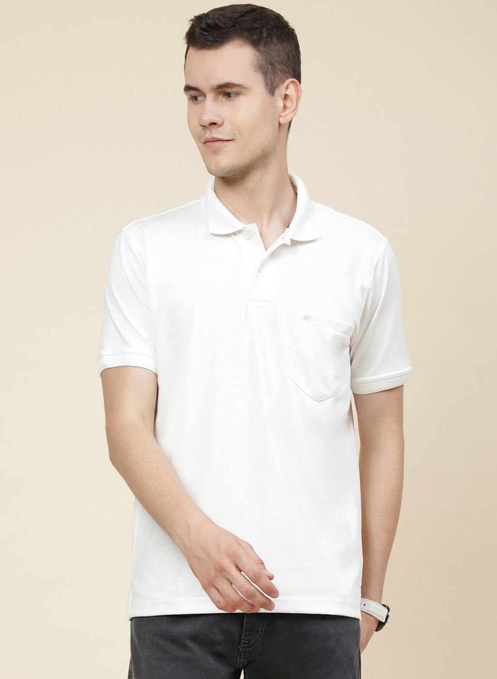 Men Off White Solid T-Shirt