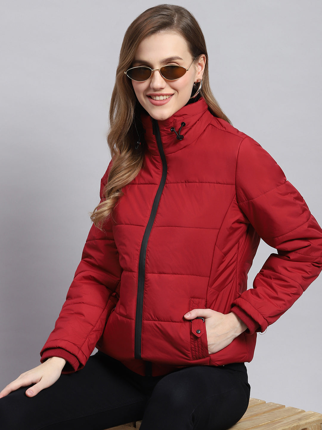 Women Red Solid Stand Collar Full Sleeve Jackets