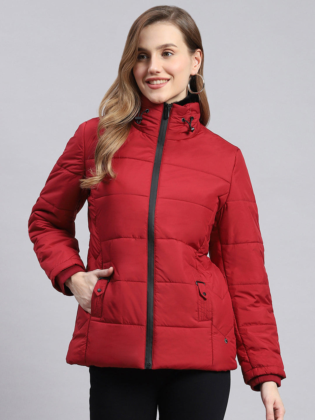 Women Red Solid Stand Collar Full Sleeve Jackets