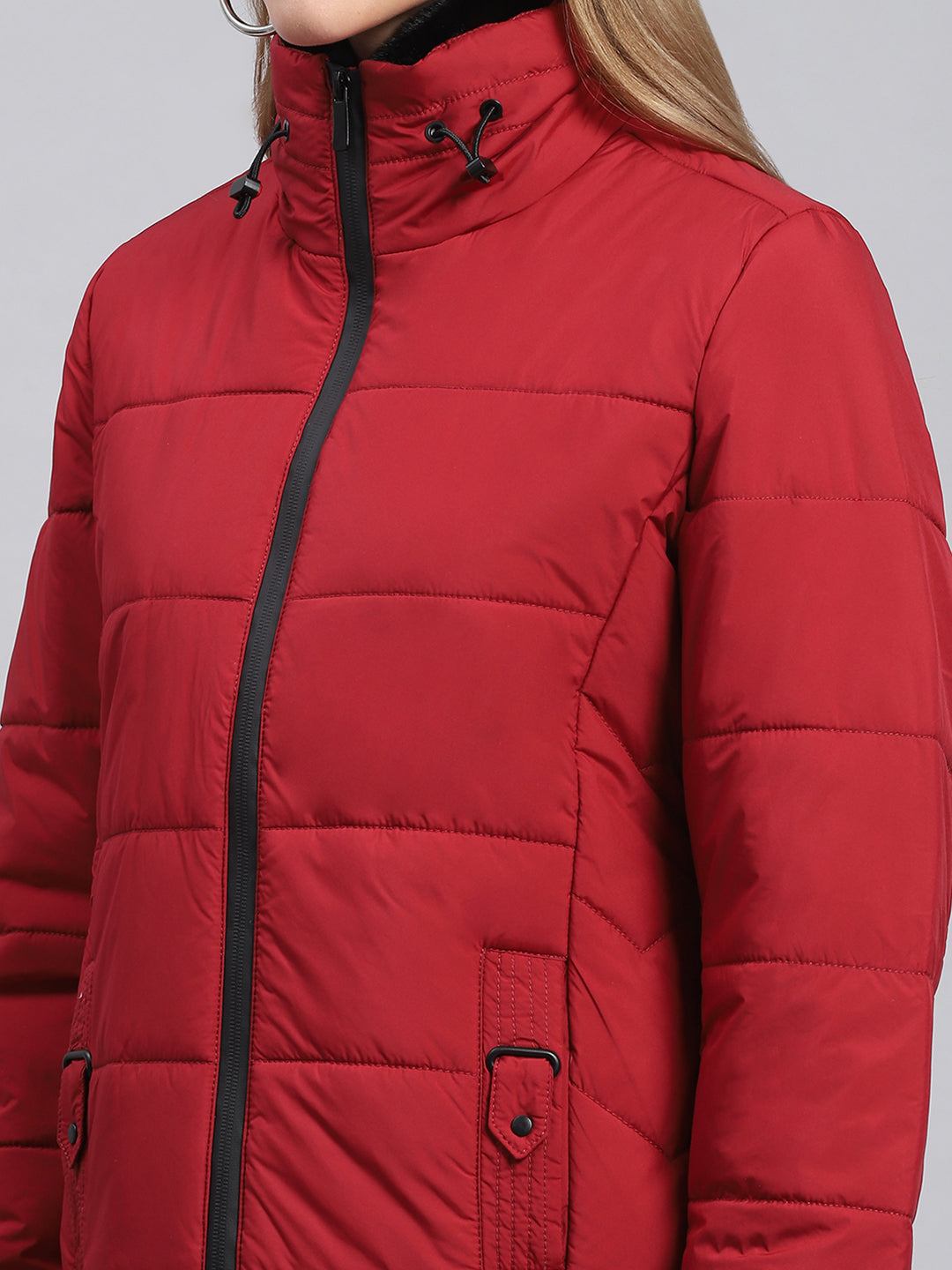 Women Red Solid Stand Collar Full Sleeve Jackets