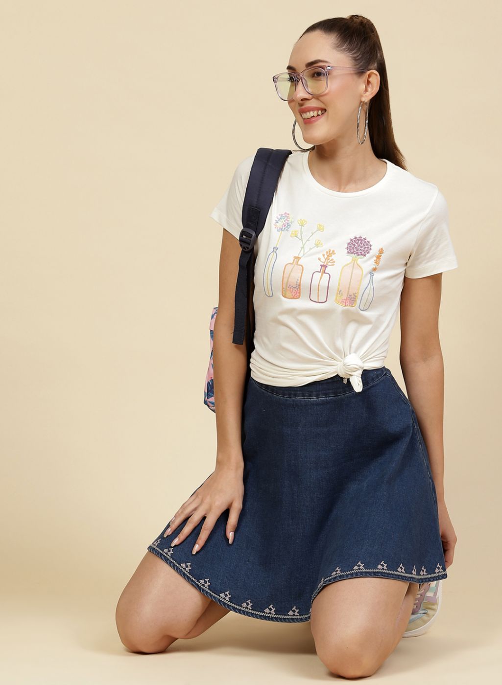 Women Off White Embroidered Top