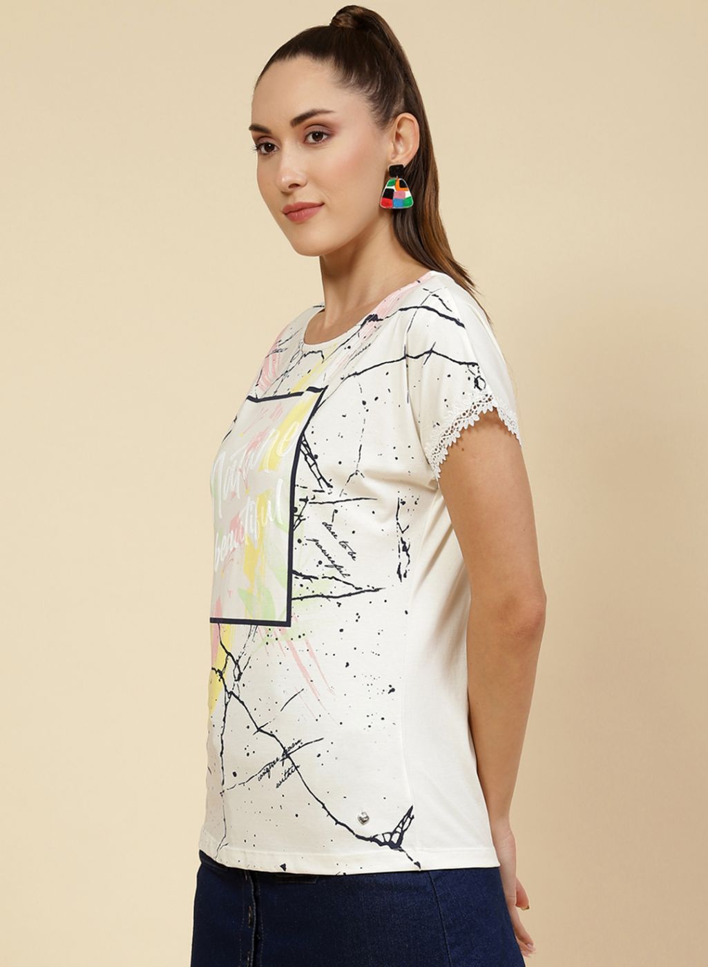Women Off White Printed Top