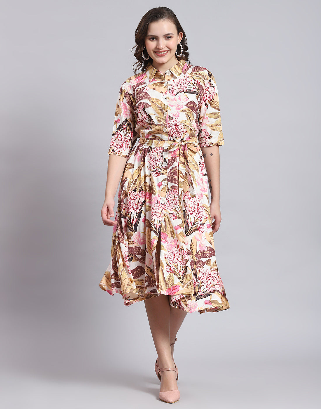 Women Multicolor Printed Front Open Short Sleeve Dress