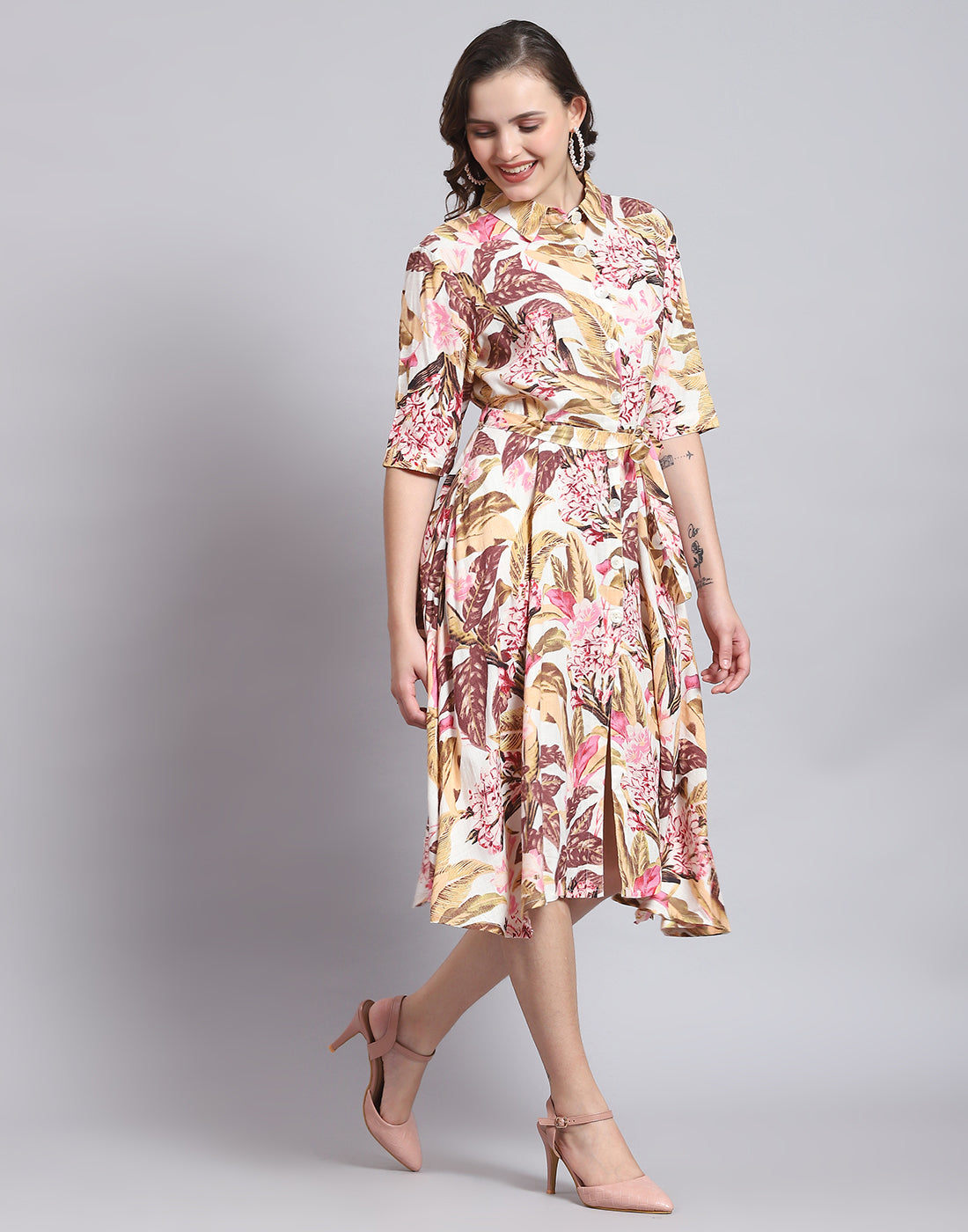 Women Multicolor Printed Front Open Short Sleeve Dress