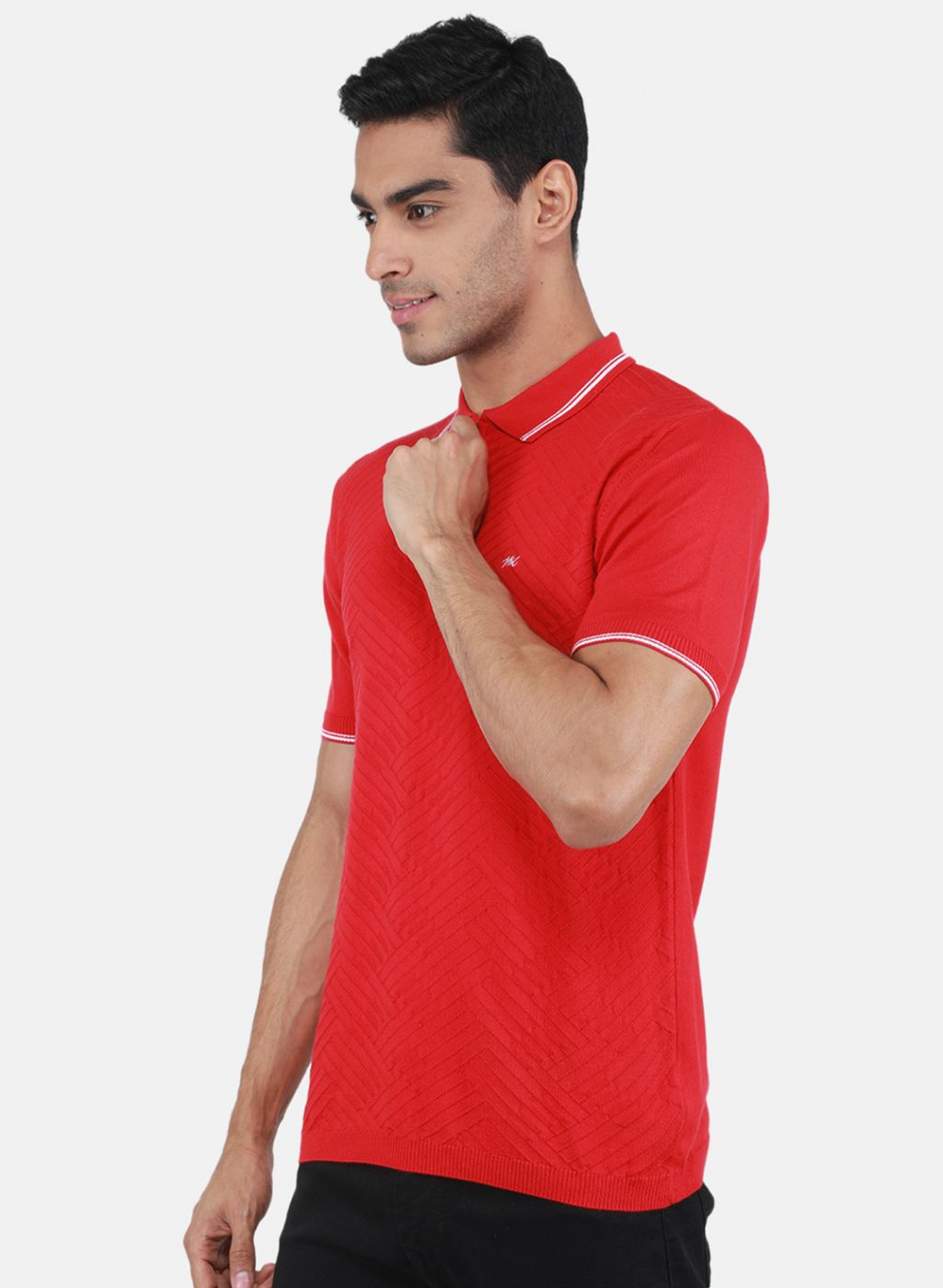 Men Red Self Design T-Shirt