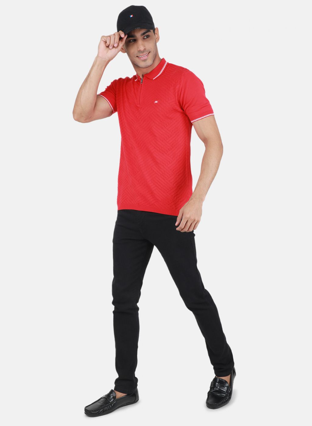 Men Red Self Design T-Shirt