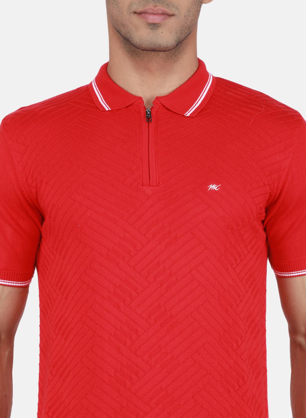 Men Red Self Design T-Shirt