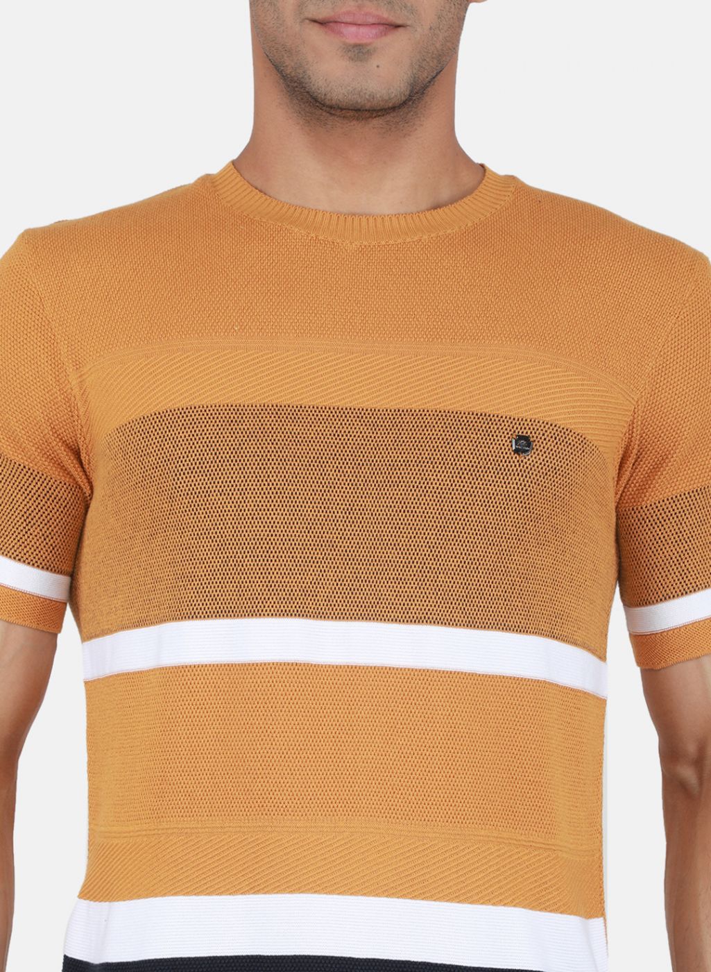 Men Mustard Self Design T-Shirt