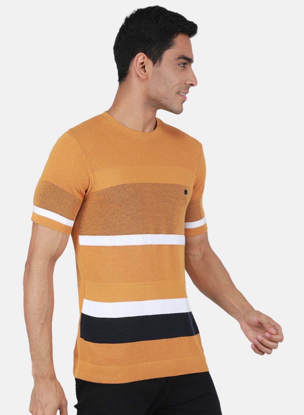 Men Mustard Self Design T-Shirt