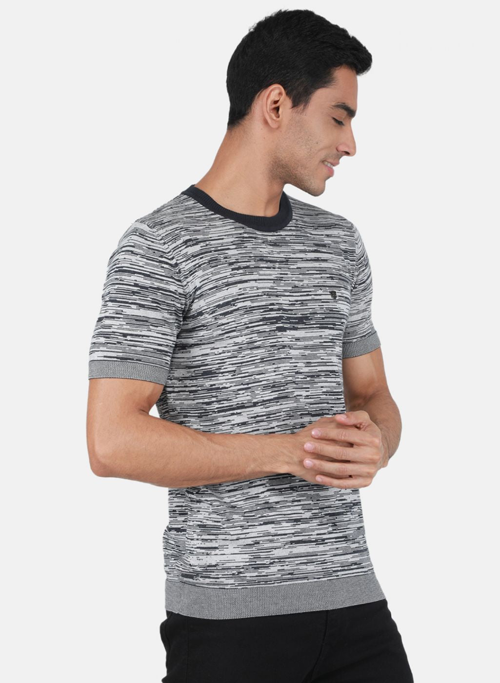 Men Grey Self Design T-Shirt
