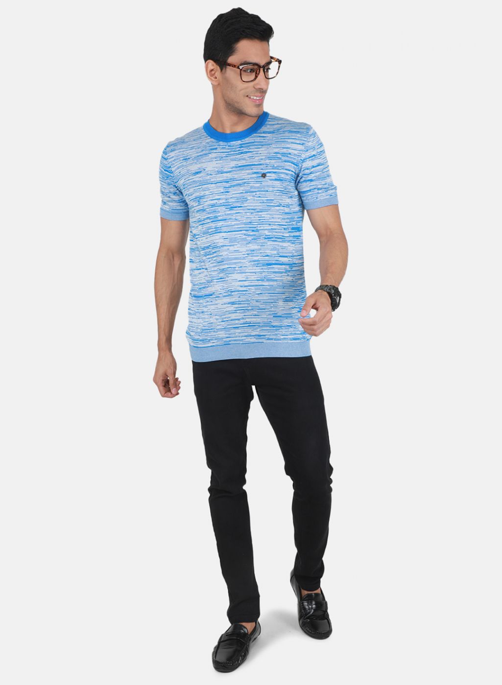 Men Blue Self Design T-Shirt