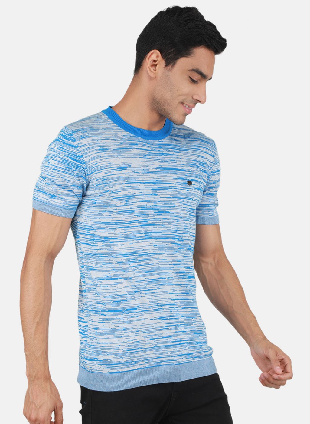 Men Blue Self Design T-Shirt