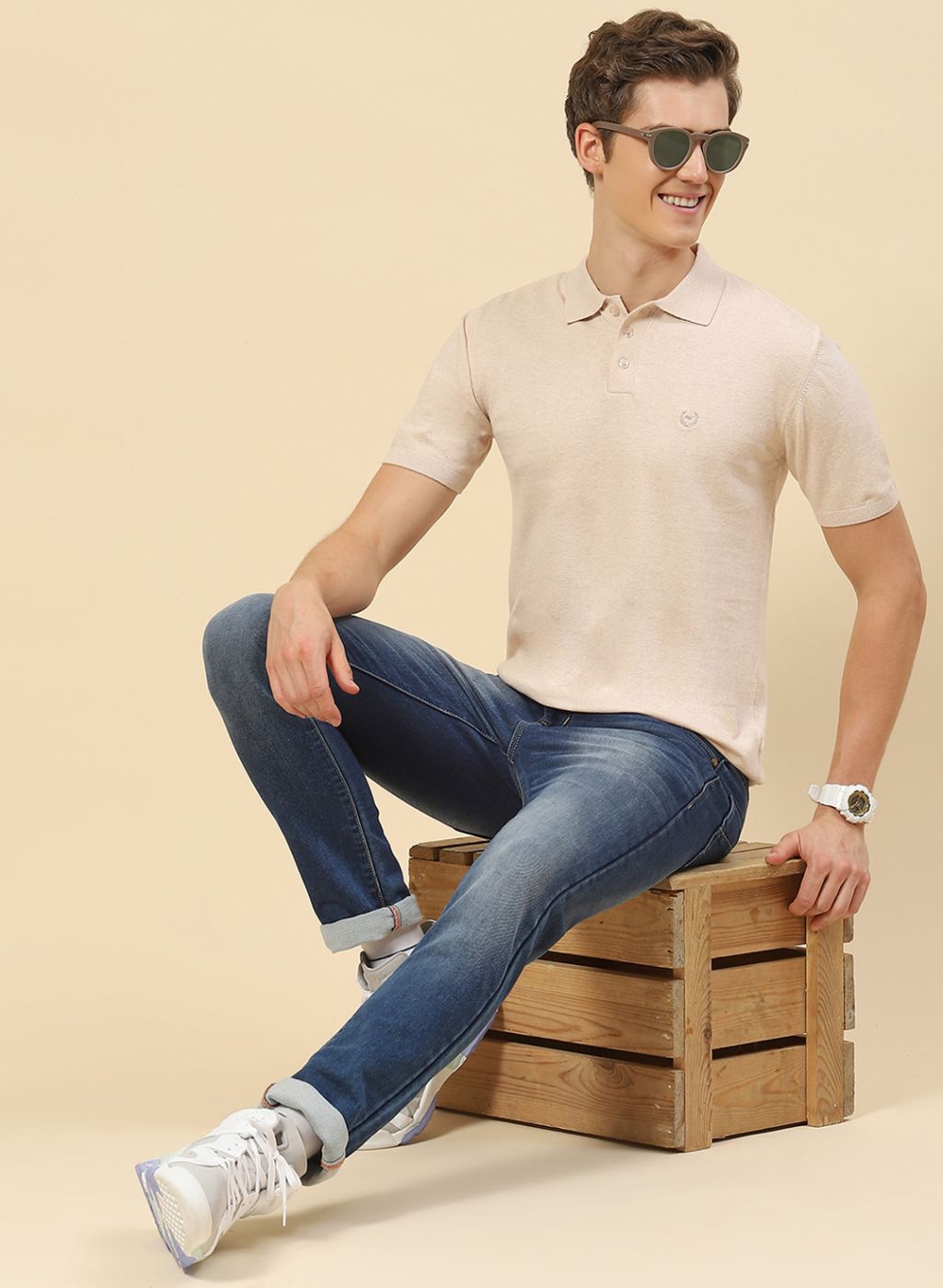 Men Beige Plain T-Shirt