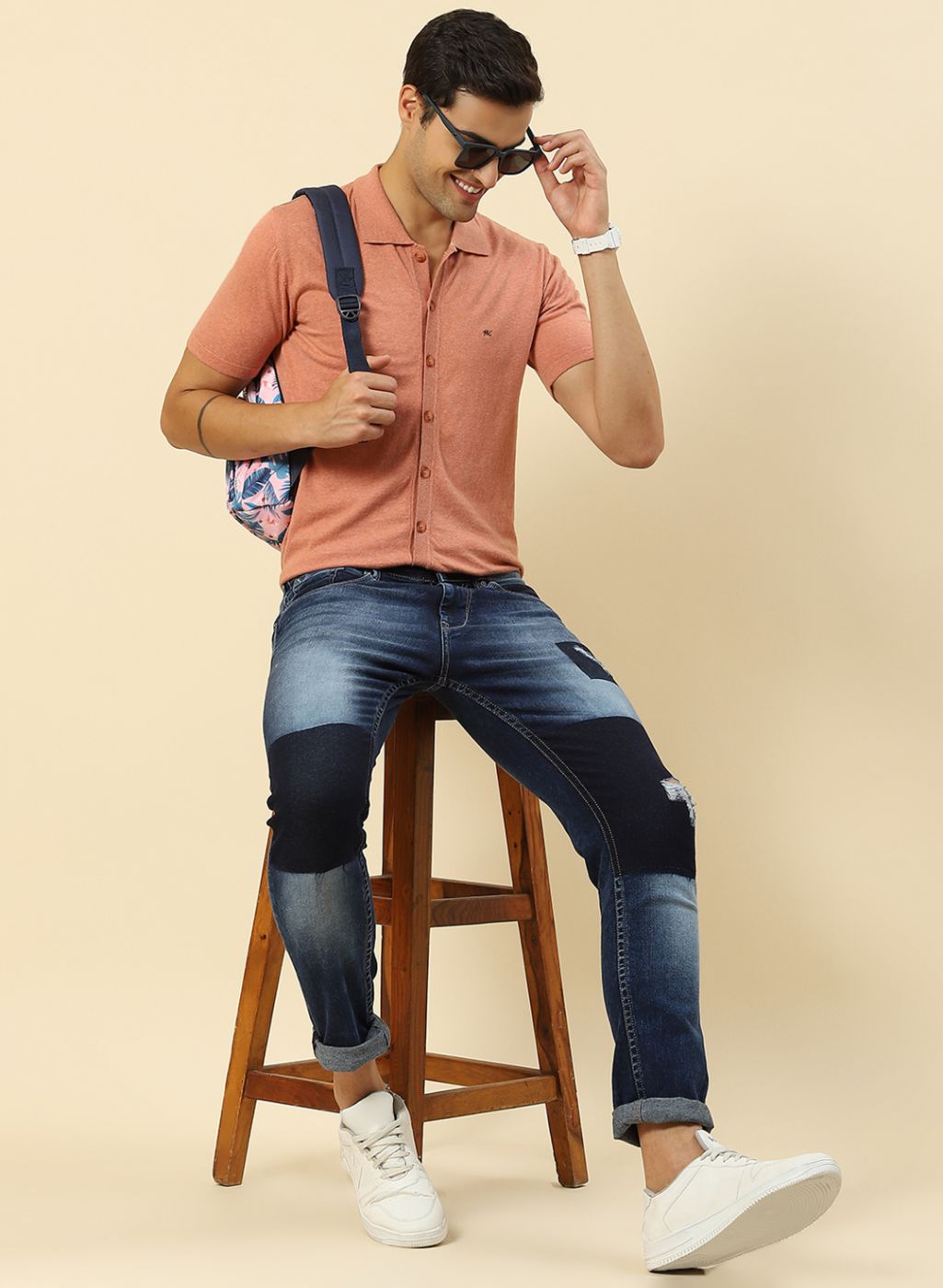 Men Peach Plain T-Shirt