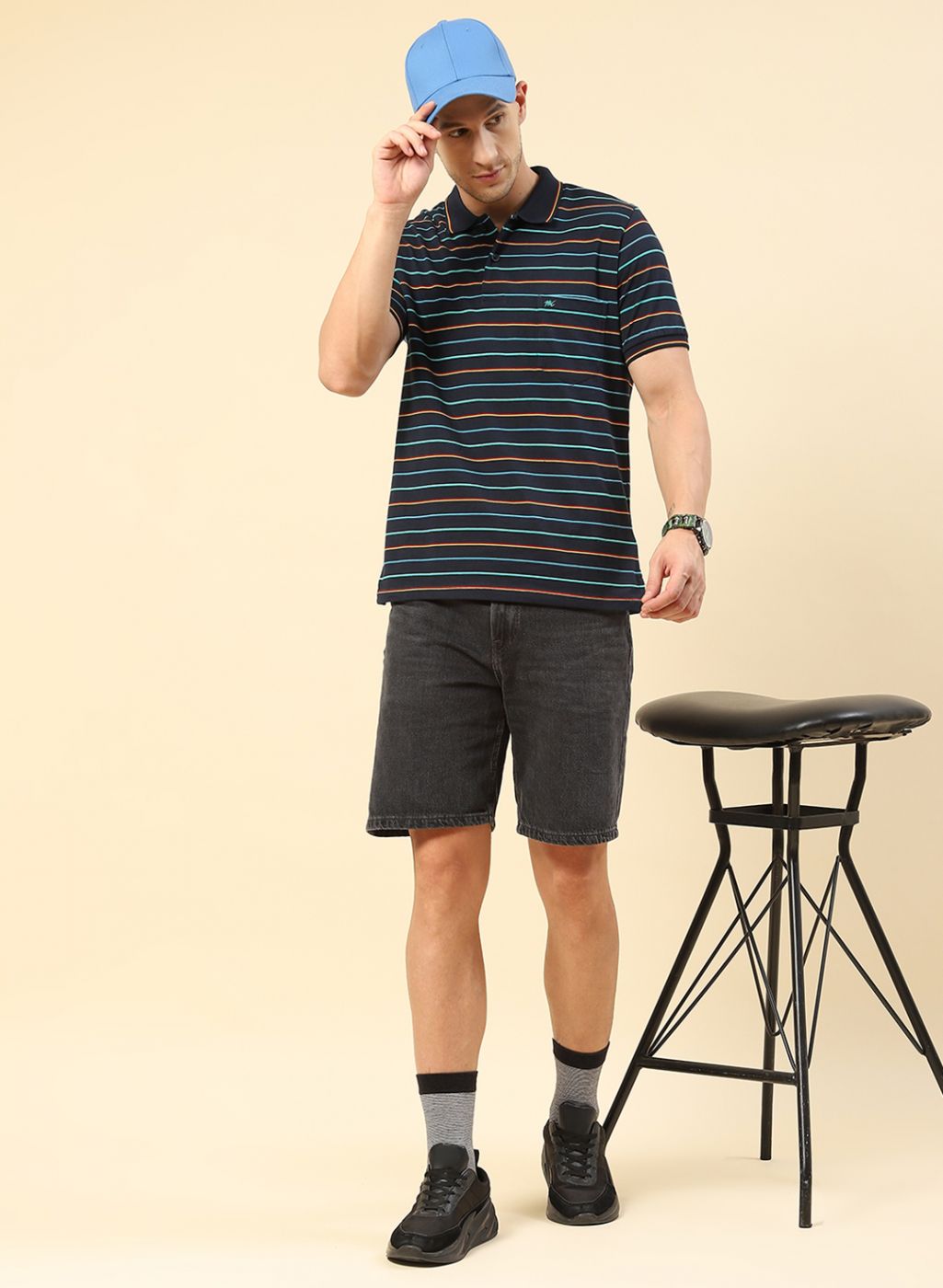 Men NAvy Blue Stripe T-Shirt
