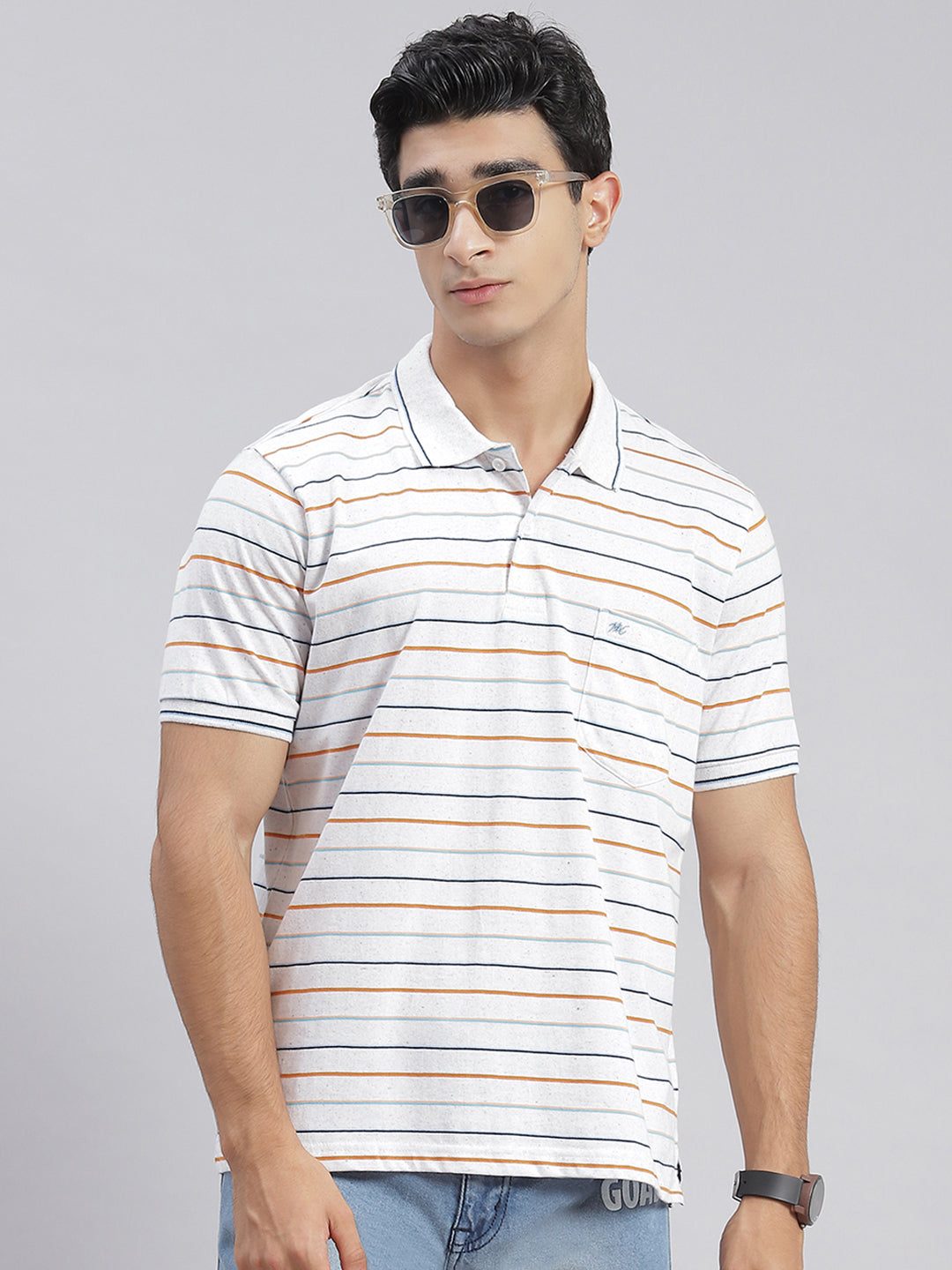 Men White Stripe Collar Half Sleeve T-Shirts