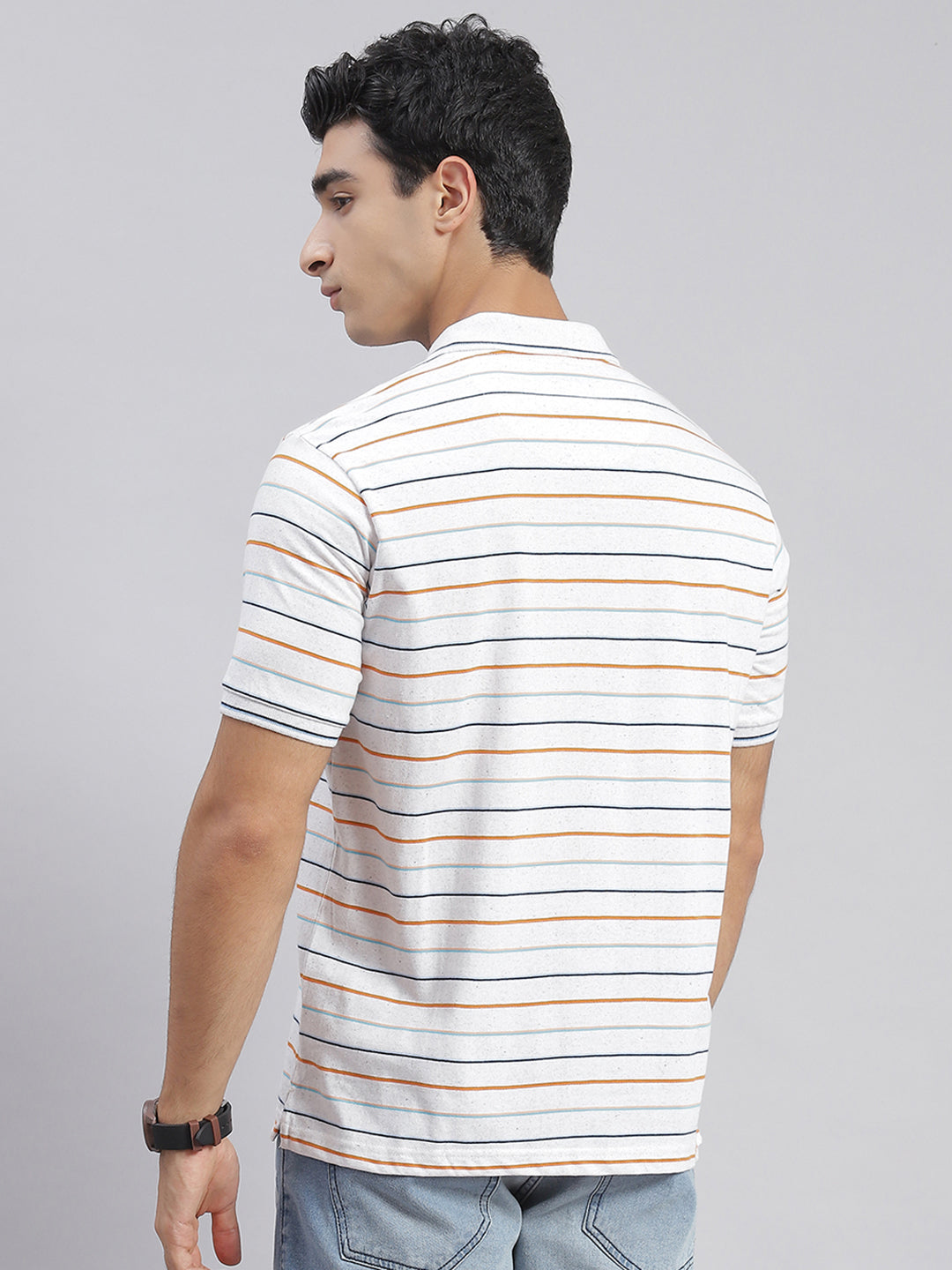 Men White Stripe Collar Half Sleeve T-Shirts