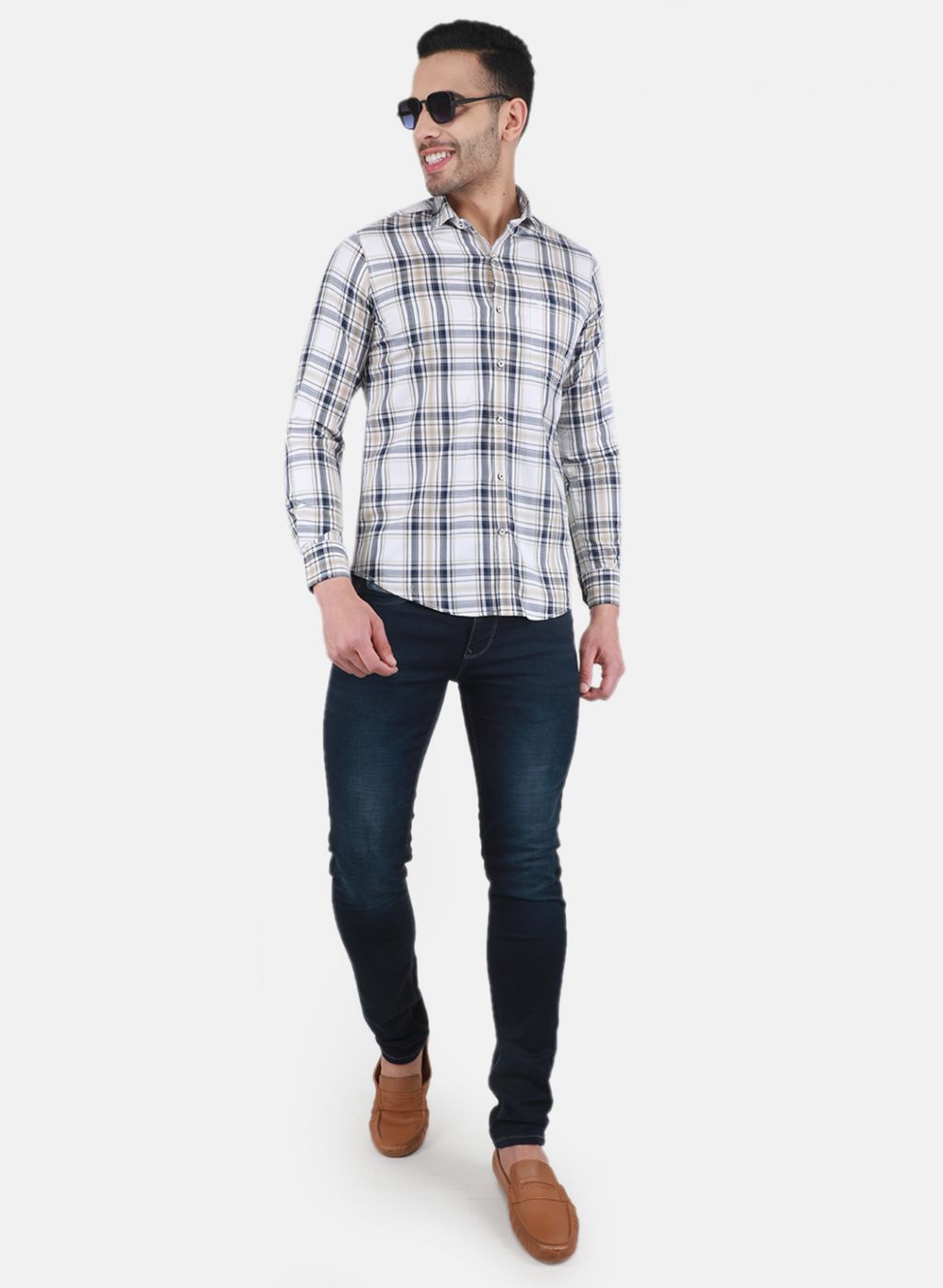 Men White Check Shirt