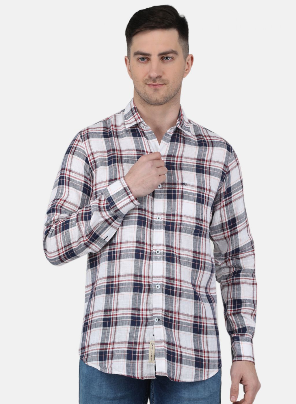 Men NAvy Blue Check Linen Shirt