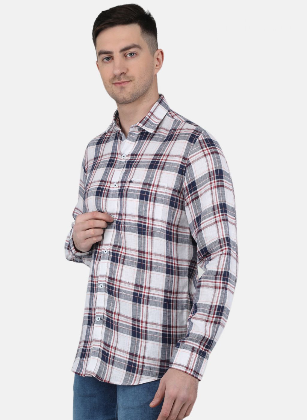 Men NAvy Blue Check Linen Shirt